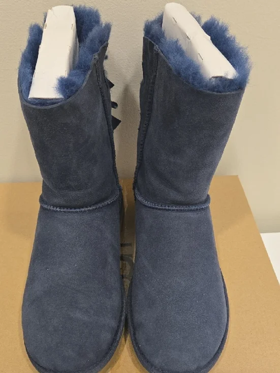 UGG Navy Short Suede Boots with Shearling Trim, 2x Bows On Each Boot - Picture 10 of 14